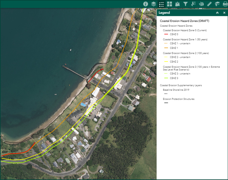 Example screenshot of coastal erosion hazard zones on the web viewer.