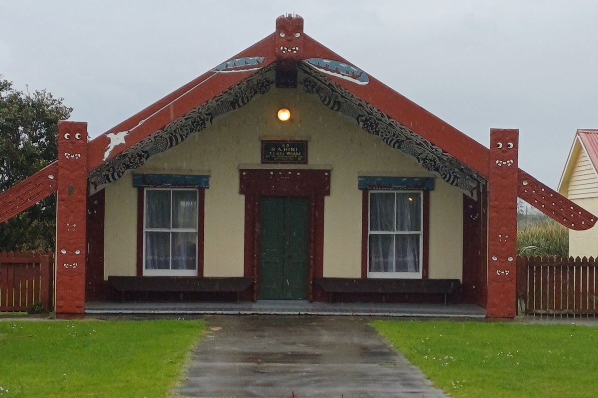 Marae, exterior, grey sky, rain