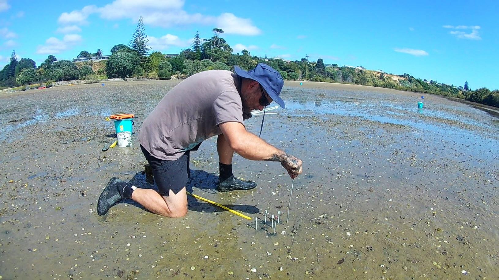 Man setting probes for sediment sampling.