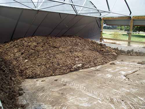 Covered feedpad with effluent dry-scraped into a bunker, with liquid draining through a weeping wall.
