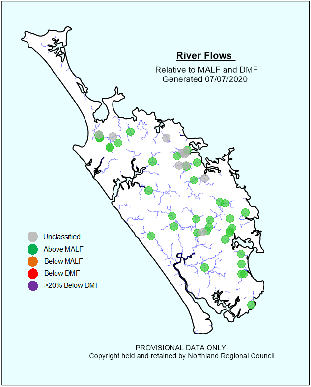 River flows relative to MALF and DMF 7 July 2020.