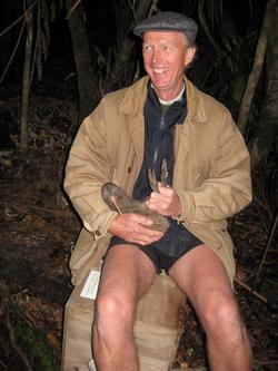 Philip King of WHLF about to release a kiwi at Kauri Mountain.