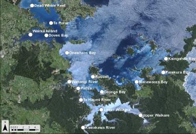 Sub-tidal sediment sampling sites in Bay of Islands in 2010.