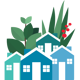 Houses and plants graphic.