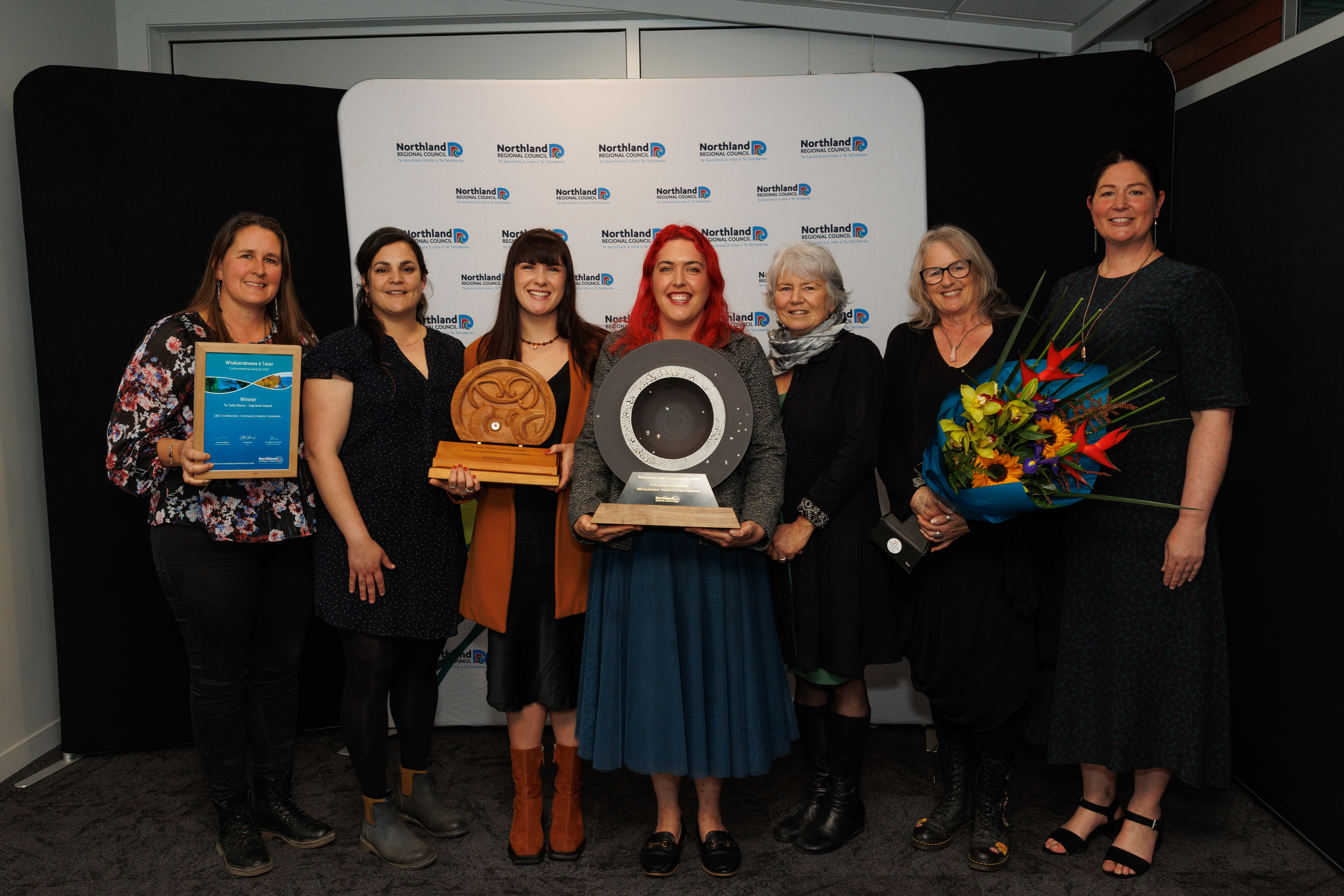 Northland Regional Council Whakamānawa ā Taiao – Environmental Awards, Te Tohu Matua – Supreme Award winners, CBEC EcoSolutions at the Friday 21 July ceremony in Whangarei. Conservation Minister Willow-Jean Prime – who presented the award – can be seen far right. (Photocredit: Dawn Dutton Photography)