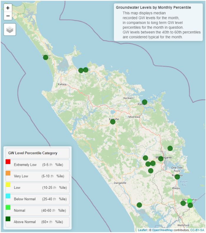 Groundwater levels map for Northland.